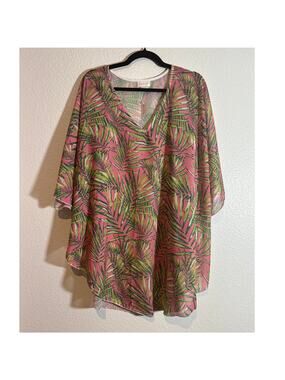 Top it Off NWT One Size Pink Green Palm Frond V-Neck Swimsuit Tropical Cover-Up